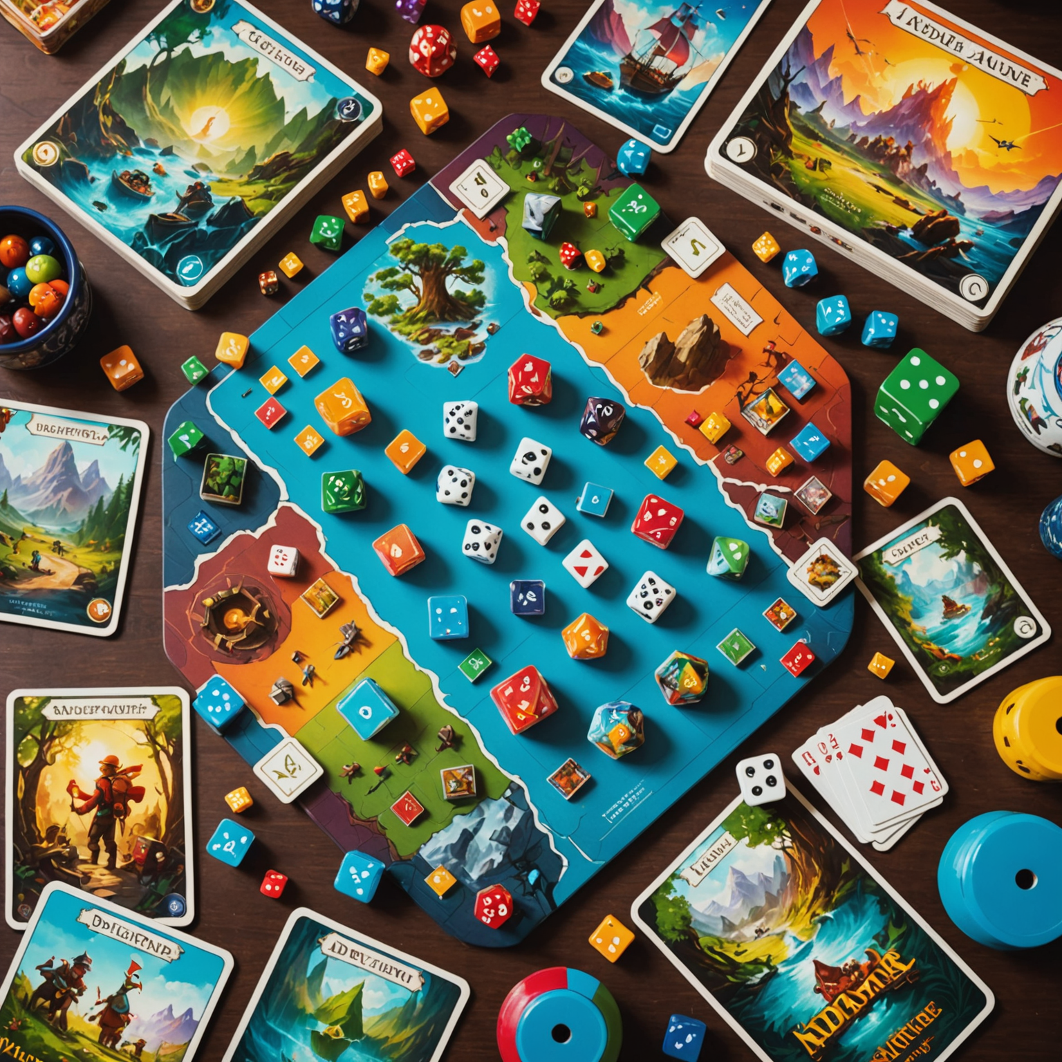 Colorful adventure board games spread out on a table, with dice, miniatures, and cards visible. The games have vibrant artwork depicting various exciting scenarios.