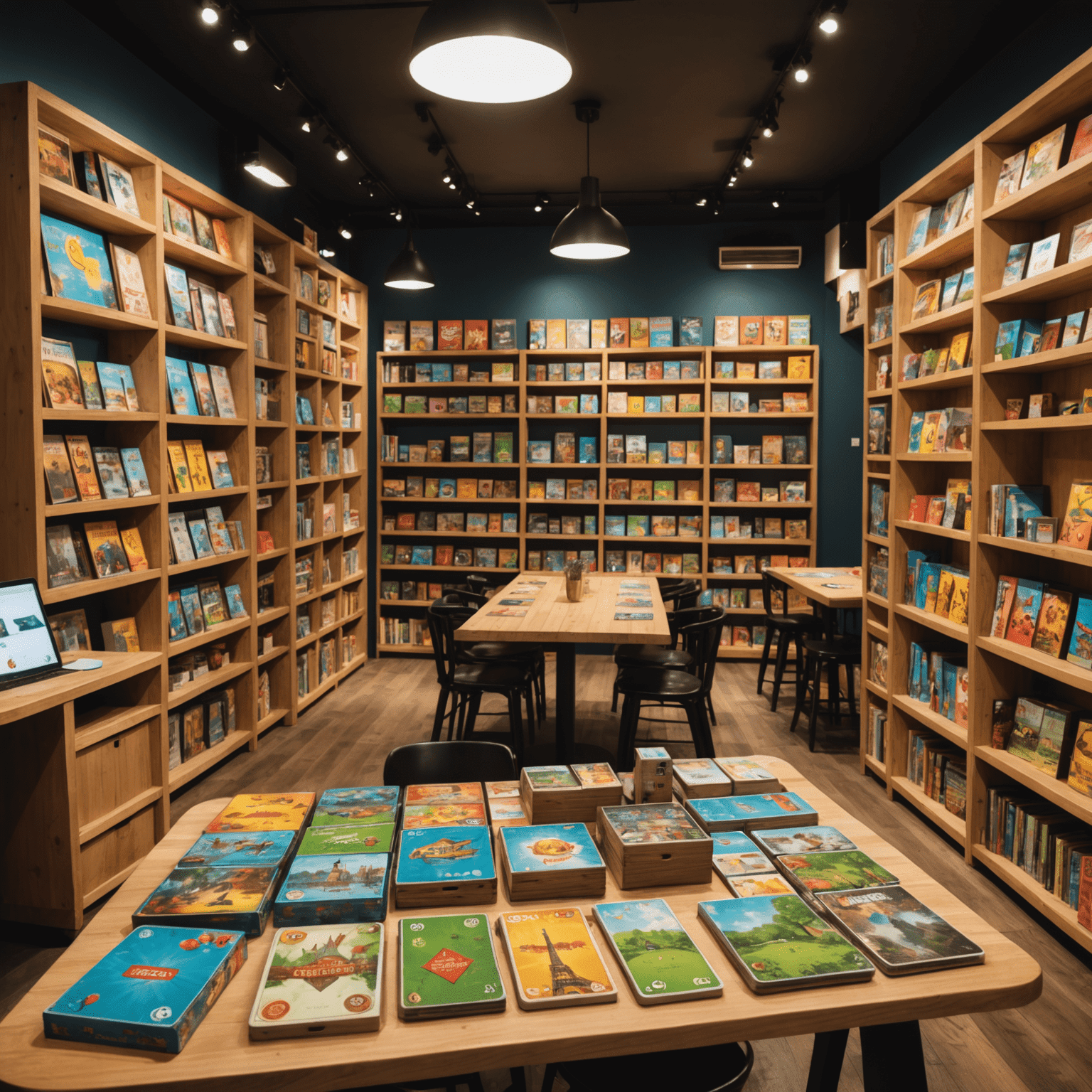 A vibrant board game café in Paris with people playing games, colorful game boxes stacked on shelves, and a warm, inviting atmosphere