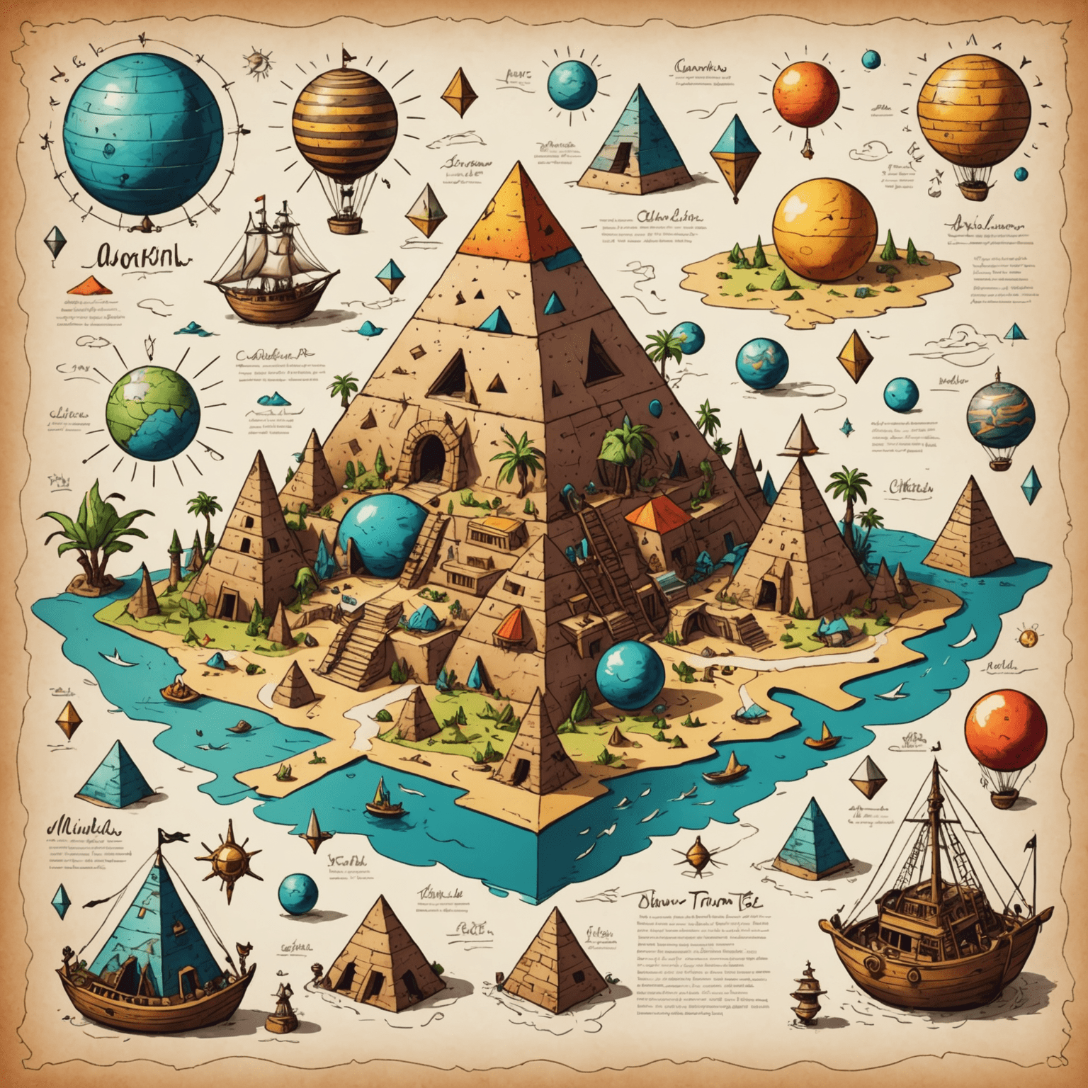 A colorful mind map showing various adventure themes like pyramids, pirate ships, and alien planets, sketched in a whimsical style with French-inspired elements