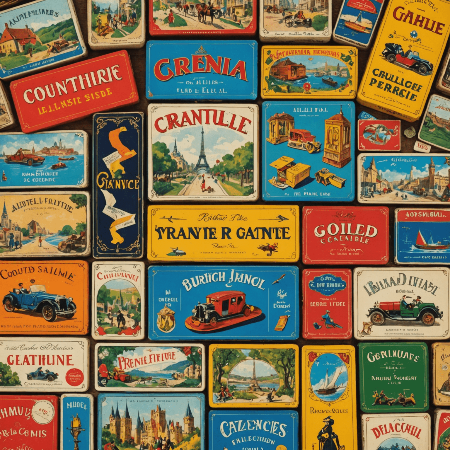 A collage of vintage French adventure board games, showing colorful box art and game pieces from different eras