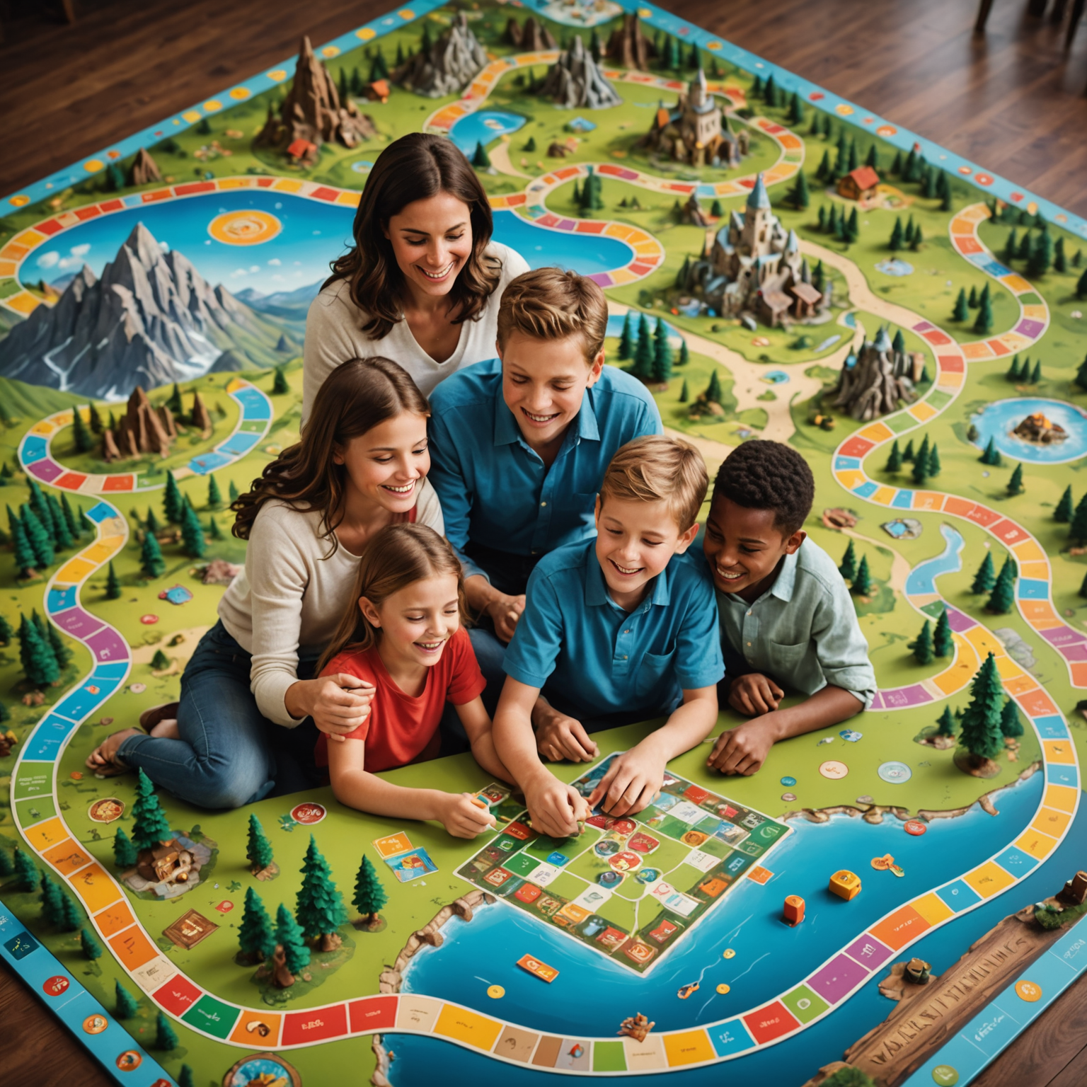 A family gathered around a table, playing a colorful adventure board game with excitement on their faces. The game board shows a fantastical landscape with various paths and challenges.