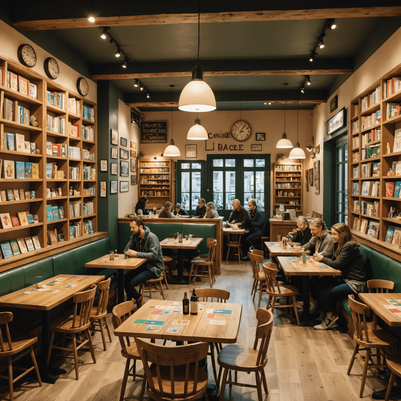 Interior of a cozy French board game café with wooden tables, shelves filled with colorful board games, and people enjoying games together.