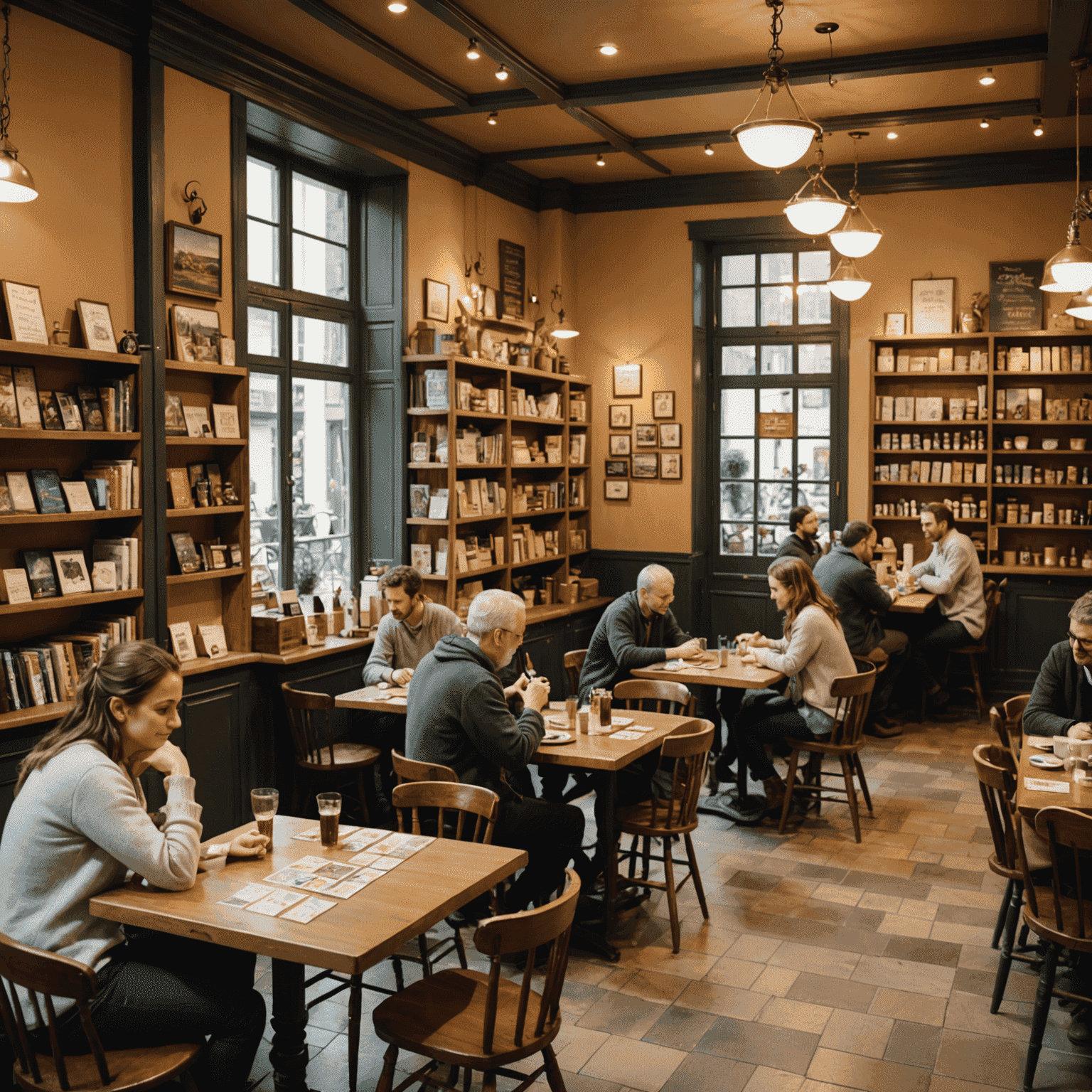 Cozy French board game café interior with shelves of games, people playing at tables, and French-style décor