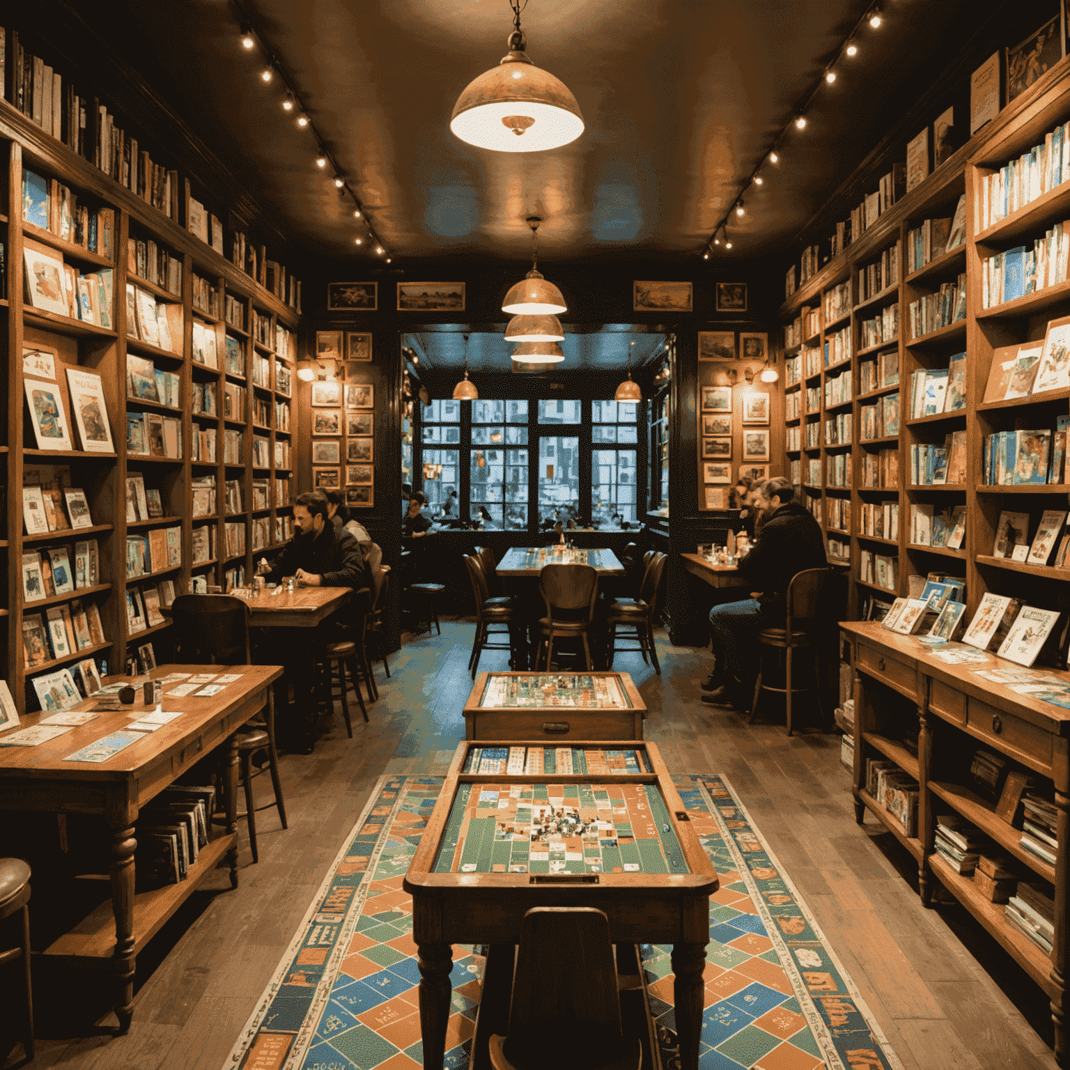 Interior of Le Dé Chanceux in Paris, showing shelves full of colorful board games, comfortable seating areas, and players engrossed in a game