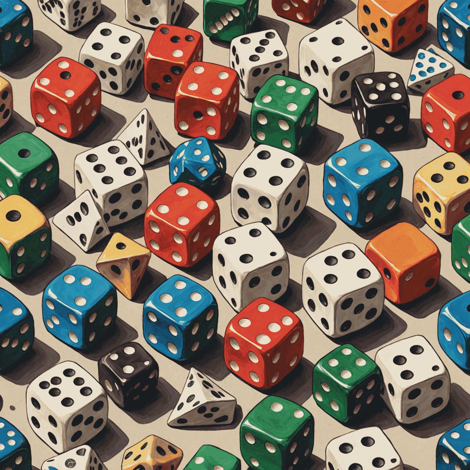 A hand-drawn collection of game pieces including colorful dice, cards, and a quirky spinner, arranged in an artistic manner