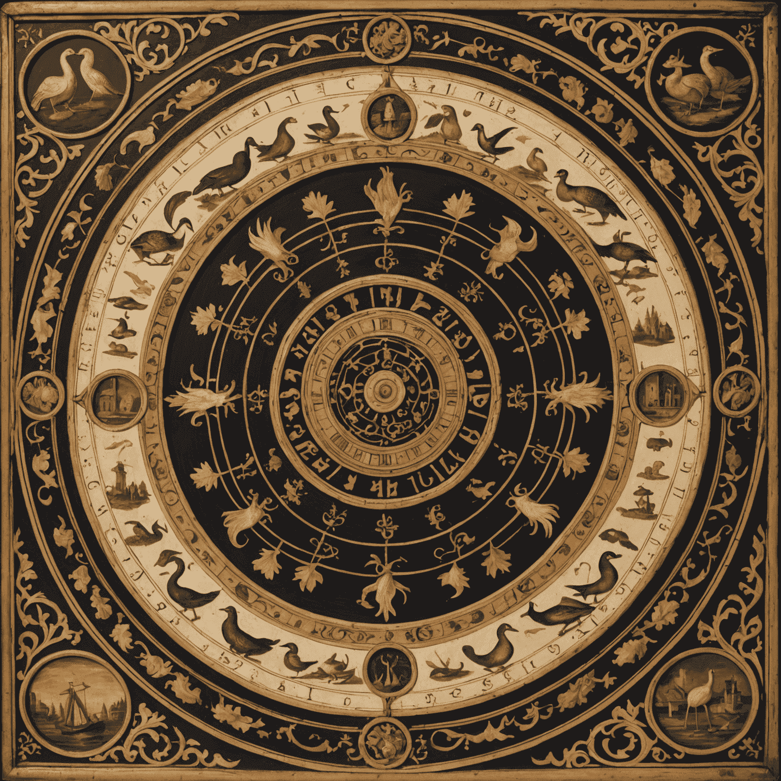 An ornate 17th century 'Jeu de l'Oie' board, featuring intricate illustrations of geese and various challenges along a spiral path