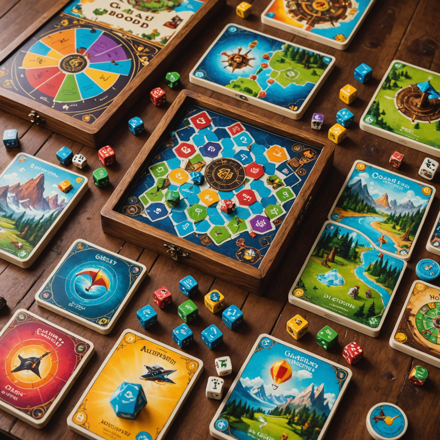 A collection of colorful adventure board games spread out on a wooden table, showcasing their vibrant artwork and intricate game pieces.