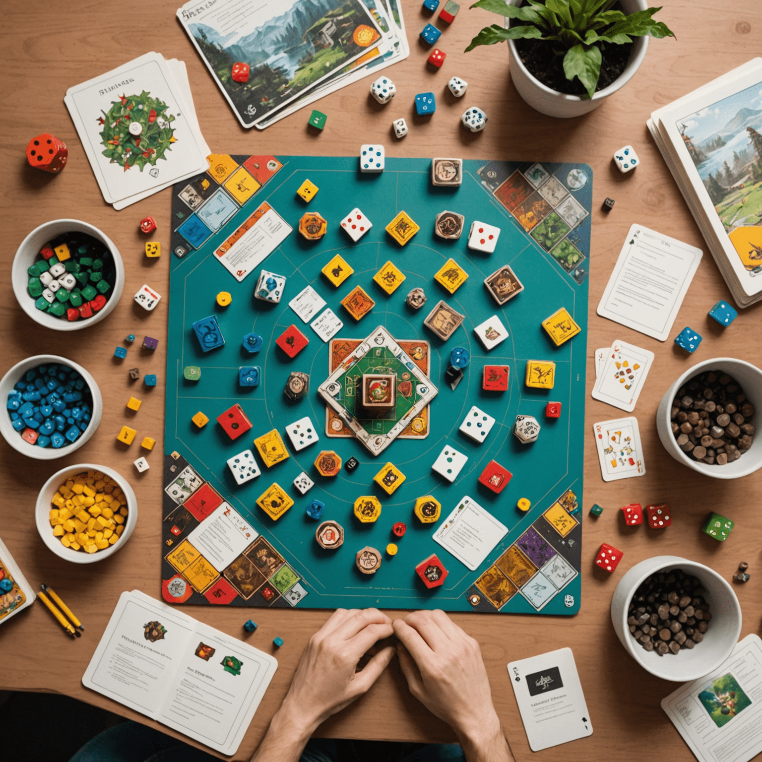 Workspace with board game prototyping materials, including colorful cards, dice, miniatures, and a hand-drawn game board