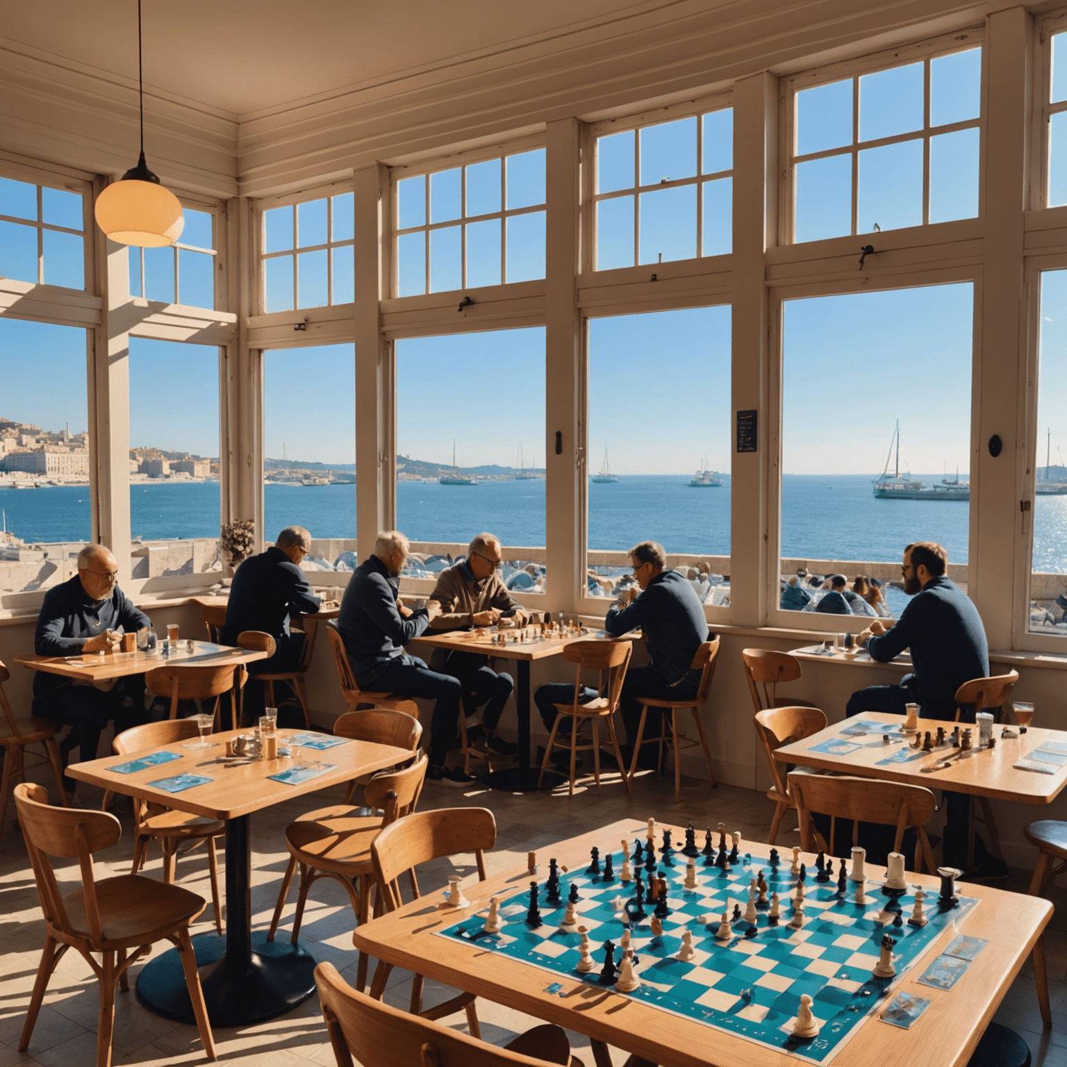 Jeux de Mer café in Marseille with large windows overlooking the sea, tables set up with maritime-themed board games, and players enjoying the view