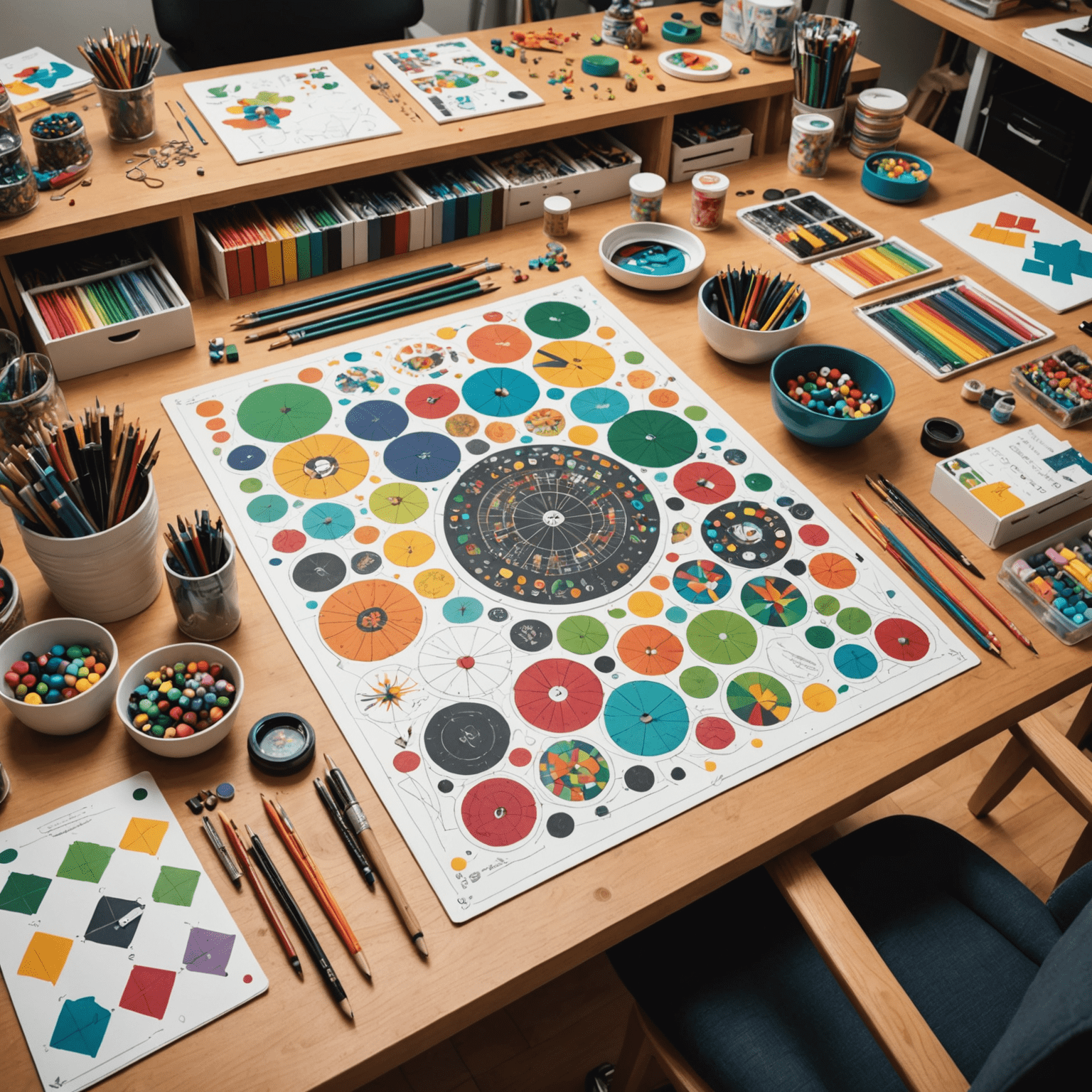 A workspace filled with colorful craft supplies, hand-drawn game boards, and prototype pieces, capturing the essence of a creative game design process