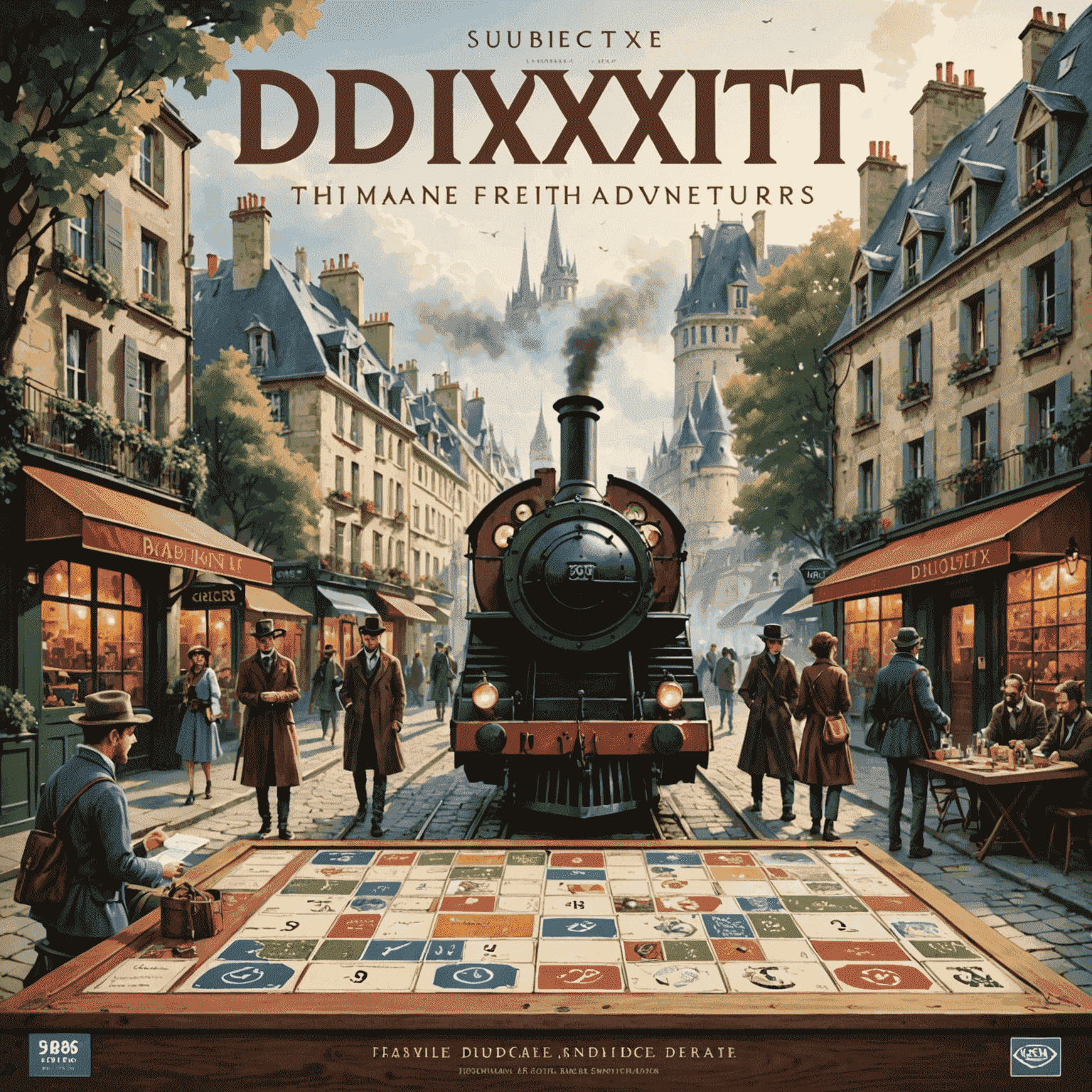 A collection of modern French adventure board games, including 'Dixit' and 'Time Stories', showcasing their unique art styles and components