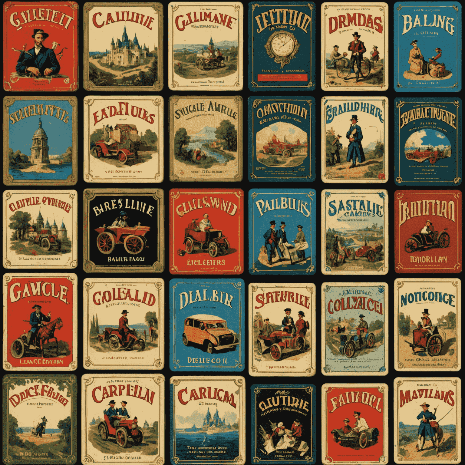 Timeline of French board games, showing vintage game boxes, old advertisements, and influential French game designers