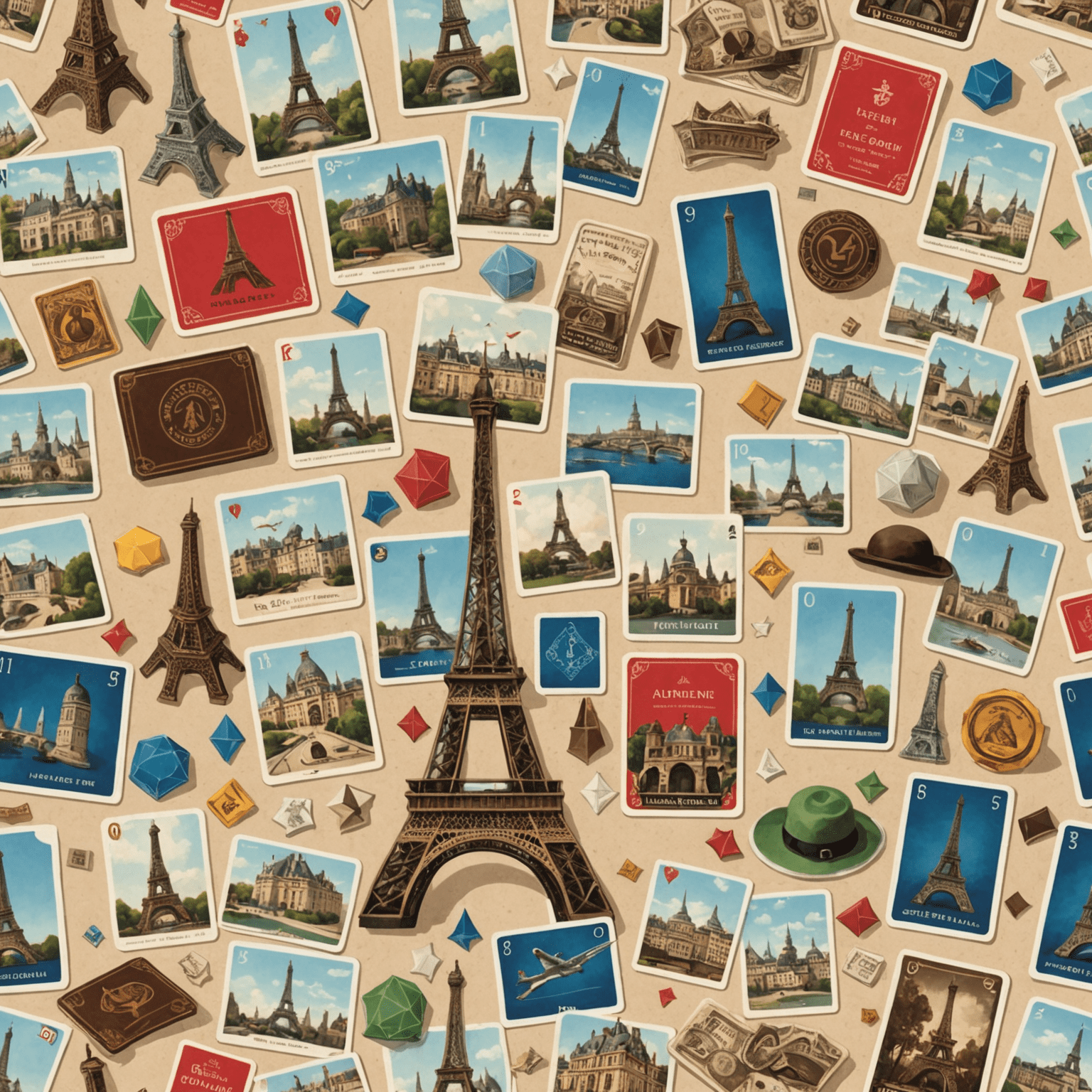 A collage of French-inspired game elements including miniature Eiffel Towers, beret-wearing meeples, and cards featuring famous French landmarks and cultural icons