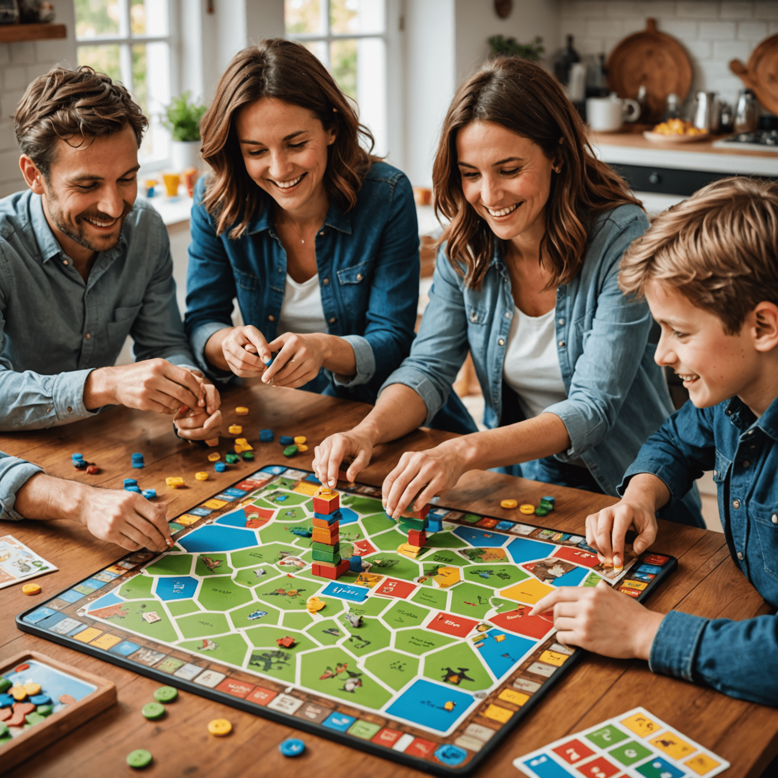 Happy French family playing an adventure board game together, with colorful game pieces and cards spread on the table